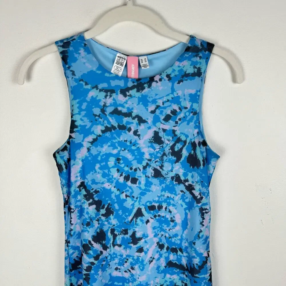 Something New Serena Print Sleeveless Mesh Maxi Dress Malibu Blue Aop Violeta XS